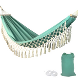 Lavo | Cotton Hammock with Wooden Spreader Bars and Fringe Tassels, 200 kg for Garden and Balcony