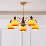 Elanorae | Timeless Wooden & Brass Chandelier with Warm Glass Shades