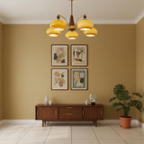 Elanorae | Timeless Wooden & Brass Chandelier with Warm Glass Shades