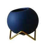 Avelionne | Scandinavian Ceramic Pot with Metal Stand in Dark Blue, Gold and Orange Red for Indoor Use