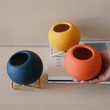 Avelionne | Scandinavian Ceramic Pot with Metal Stand in Dark Blue, Gold and Orange Red for Indoor Use
