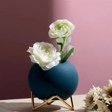 Avelionne | Scandinavian Ceramic Pot with Metal Stand in Dark Blue, Gold and Orange Red for Indoor Use