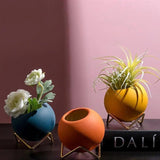 Avelionne | Scandinavian Ceramic Pot with Metal Stand in Dark Blue, Gold and Orange Red for Indoor Use