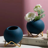 Avelionne | Scandinavian Ceramic Pot with Metal Stand in Dark Blue, Gold and Orange Red for Indoor Use