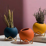 Avelionne | Scandinavian Ceramic Pot with Metal Stand in Dark Blue, Gold and Orange Red for Indoor Use