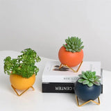 Avelionne | Scandinavian Ceramic Pot with Metal Stand in Dark Blue, Gold and Orange Red for Indoor Use
