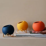 Avelionne | Scandinavian Ceramic Pot with Metal Stand in Dark Blue, Gold and Orange Red for Indoor Use