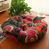 Veli | Thick Round Cotton Floor Cushion with Bohemian Floral Pattern for Living Room and Bedroom