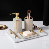 Meron | Four-Piece Ceramic Bathroom Accessory Set with Gold Trim in Matte Black and White for Sink