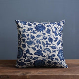 Timo | Blue and Beige Porcelain Print Cushion Cover in Linen Cotton Blend for Sofa or Bed