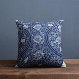 Timo | Blue and Beige Porcelain Print Cushion Cover in Linen Cotton Blend for Sofa or Bed