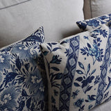 Timo | Blue and Beige Porcelain Print Cushion Cover in Linen Cotton Blend for Sofa or Bed