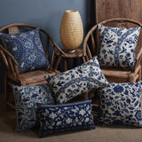 Timo | Blue and Beige Porcelain Print Cushion Cover in Linen Cotton Blend for Sofa or Bed