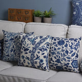 Timo | Blue and Beige Porcelain Print Cushion Cover in Linen Cotton Blend for Sofa or Bed