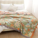 Talira | Boho Cotton Throw Blanket with Floral Pattern and Decorative Fringe Design