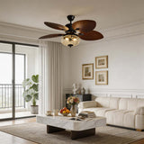 Leno | 107 cm Black Ceiling Fan with Cognac Single-Light Shade and Full Spectrum LED, Remote Control for Living Room and Bedroom