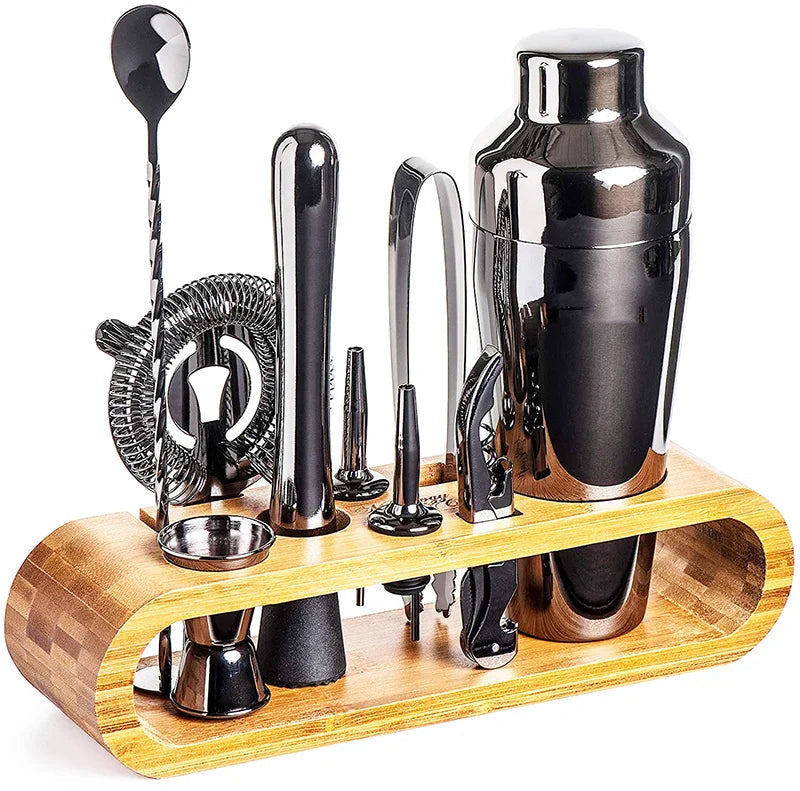Stainless Steel Cocktail Shaker Set with Bamboo Stand 10