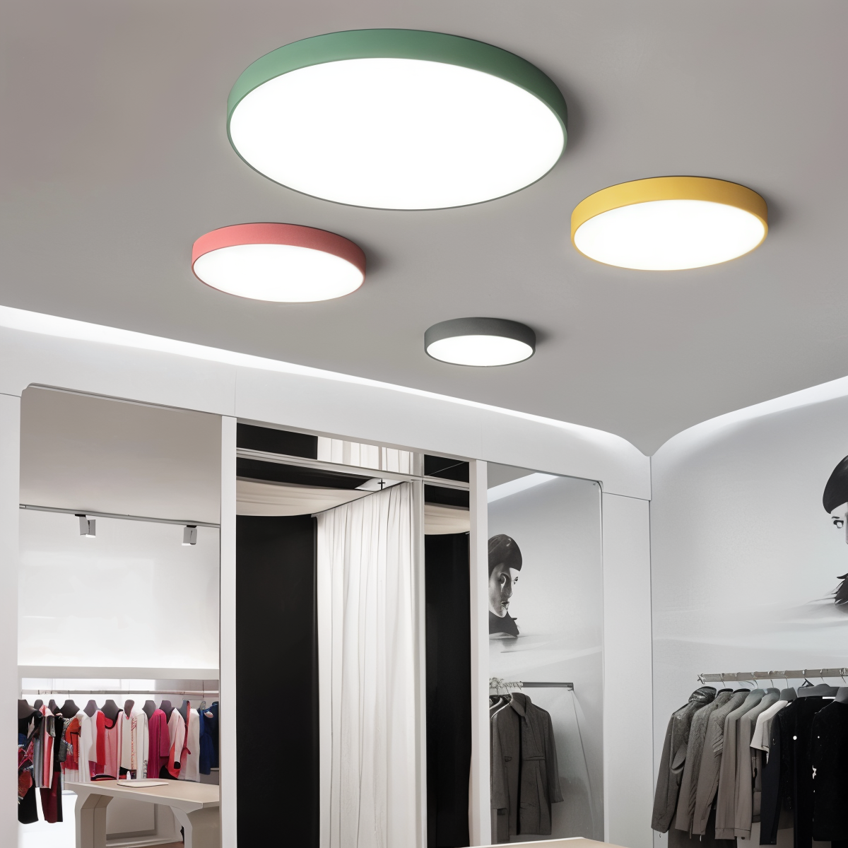 Marden round LED flush mount ceiling light in green, pink, yellow and grey on a white ceiling