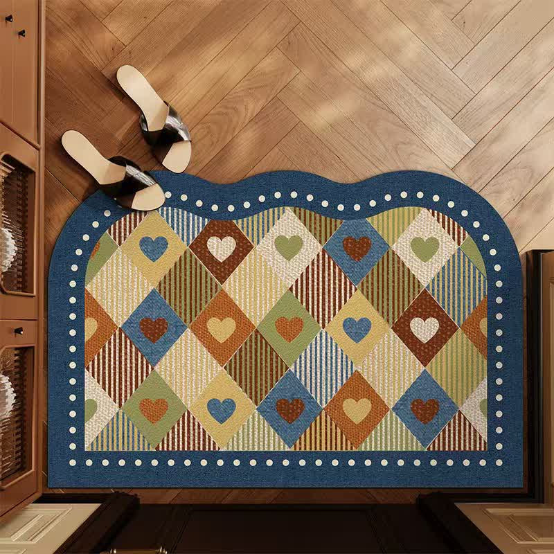 Orla vintage heart check arch entry rug on a wooden floor by a doorway