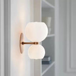 Ridley double glass globe wall light with opal shades mounted on a pale wall