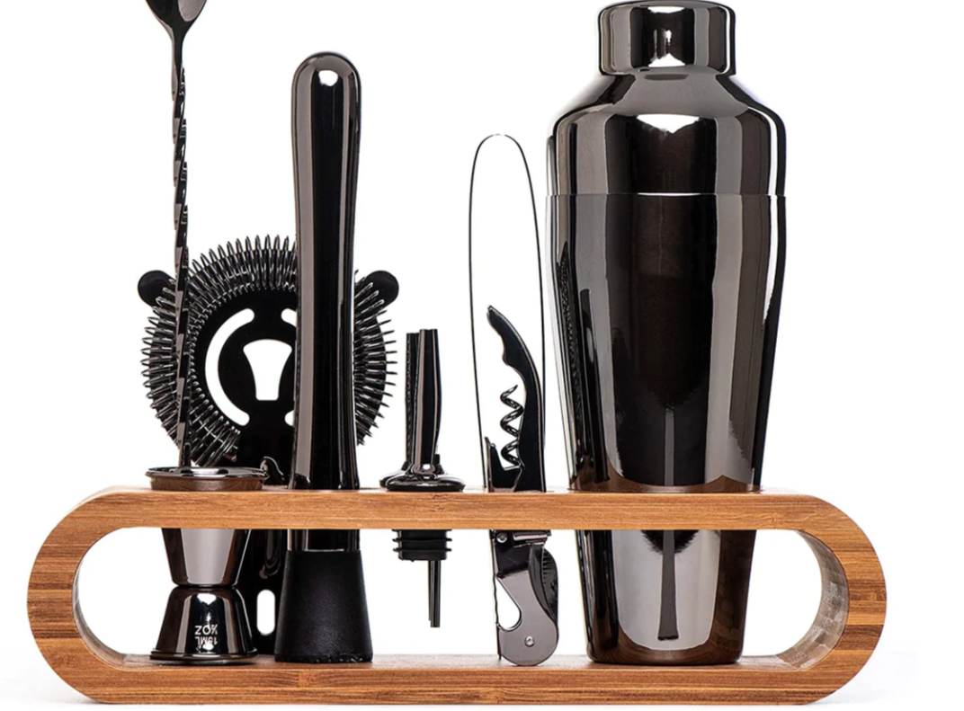 Stainless Steel Cocktail Shaker Set with Bamboo Stand 5
