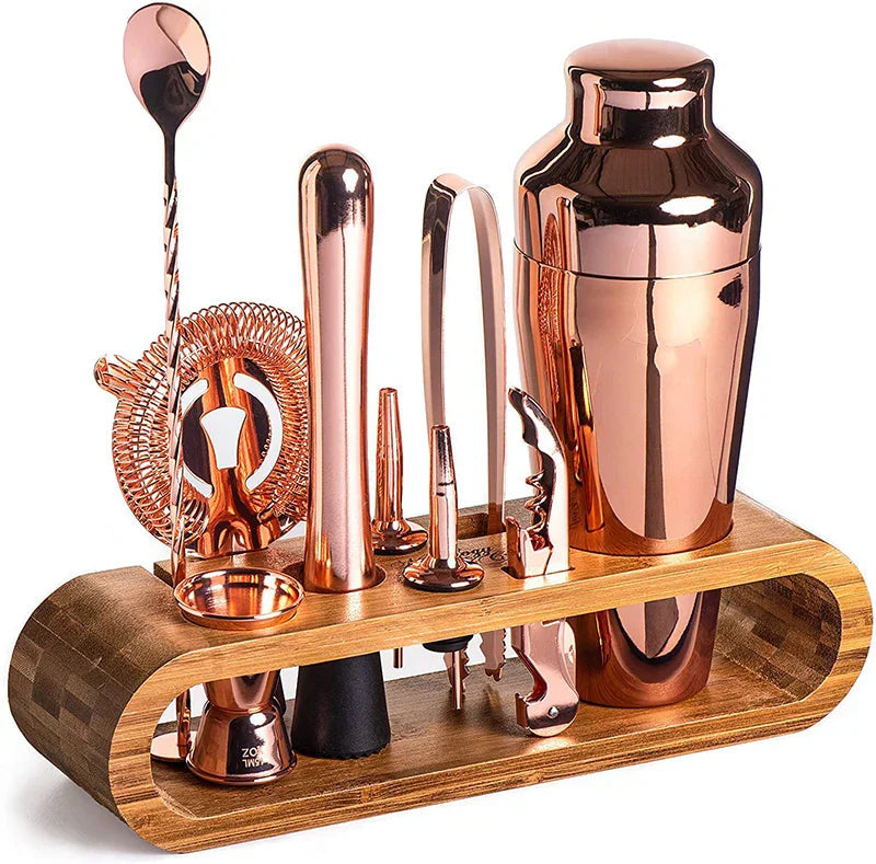 Stainless Steel Cocktail Shaker Set with Bamboo Stand 8