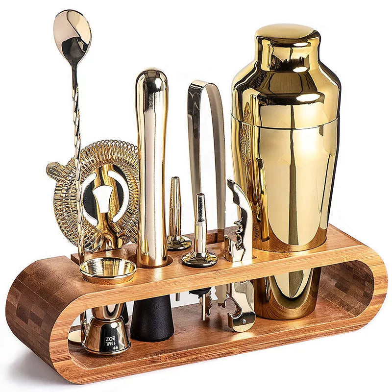 Stainless Steel Cocktail Shaker Set with Bamboo Stand 9